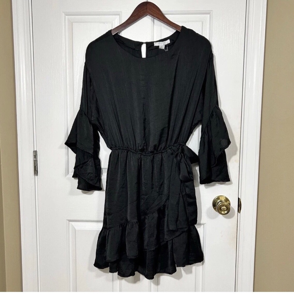 Favlux Fashion Black Satin Ruffle Mini Dress Small Tiered Bell Sleeve